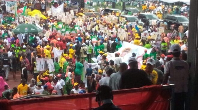 The Crowd of PDP faithful and Supporters at the Warri Stadium During the State Local Government Campaign to Warri South Local Government Area.