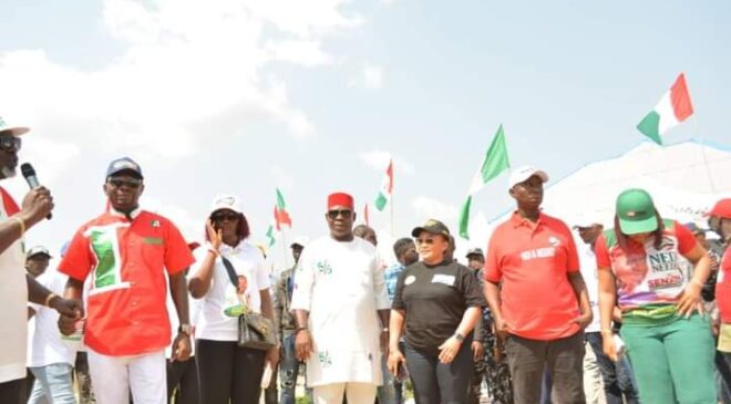 Elder Moses Iduh and some of the PDP Candidates during the party's campaign tour at Ibrede, Ndokwa East, Delta State.